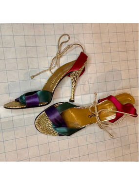 Xavier Danaud Size 7.5 Gold Purple Multi-Color Strappy Sandals y2k